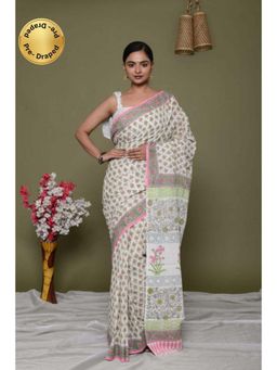 Isadora Life - Womens Floral Printed Beige Pre-Draped Saree With Unstitched Blouse