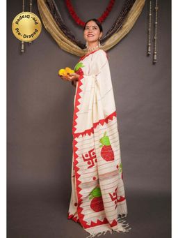 Isadora Life - Womens Printed Tassels Beige Pre-Draped Saree With Unstitched Blouse