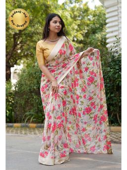Isadora Life - Womens Floral Printed Beige Pre-Draped Saree With Unstitched Blouse