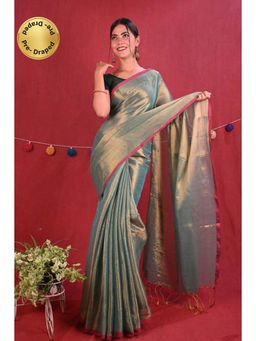 Isadora Life - Womens Woven Zari Green Pre-Draped Saree With Unstitched Blouse