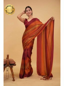 Isadora Life - Womens Stripes Tassels Multi-Color Pre-Draped Saree With Unstitched Blouse