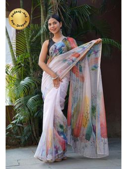 Isadora Life - Womens Printed Multi-Color Pre-Draped Saree With Unstitched Blouse