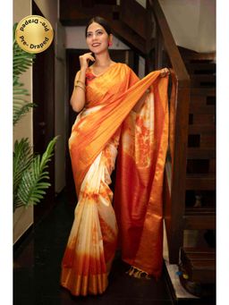 Isadora Life - Womens Tie & Dye Tassels Orange Pre-Draped Saree With Unstitched Blouse