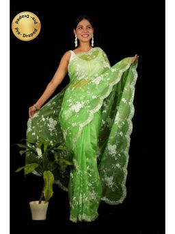 Isadora Life - Womens Embroidered Thread Work Green Pre-Draped Saree With Unstitched Blouse