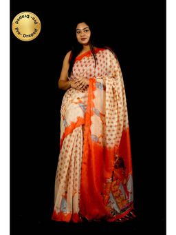 Isadora Life - Womens Printed Tassels Cream Pre-Draped Saree With Unstitched Blouse
