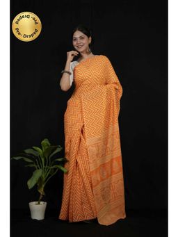Isadora Life - Womens Printed Orange Pre-Draped Saree With Unstitched Blouse