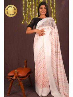 Isadora Life - Womens Printed Tassels White Pre-Draped Saree With Unstitched Blouse