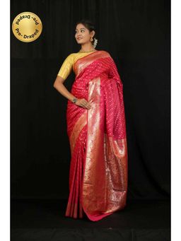 Isadora Life - Womens Woven Zari Pink Pre-Draped Saree With Unstitched Blouse