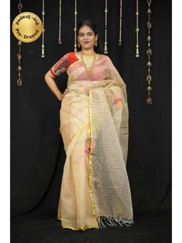 Isadora Life - Womens Stripes Tassels Beige Pre-Draped Saree With Unstitched Blouse