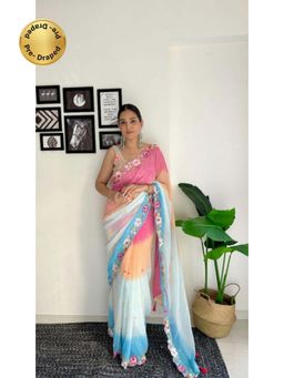 Isadora Life - Womens Ombre Embroidered Multi-Color Pre-Draped Saree With Unstitched Blouse