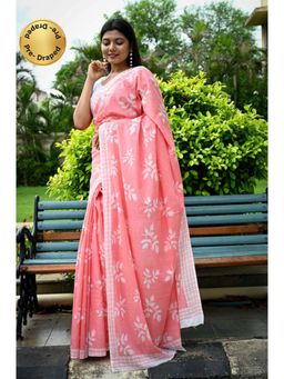 Isadora Life - Womens Printed Peach Pre-Draped Saree With Unstitched Blouse