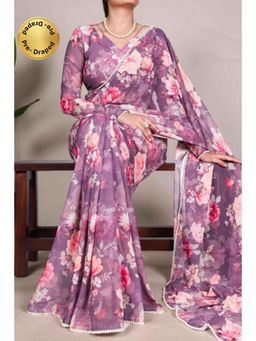 Isadora Life - Womens Floral Printed Purple Pre-Draped Saree With Unstitched Blouse