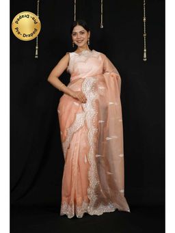 Isadora Life - Womens Embroidered Zari Peach Pre-Draped Saree With Unstitched Blouse