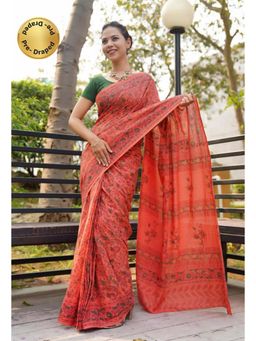 Isadora Life - Womens Floral Printed Orange Pre-Draped Saree With Unstitched Blouse