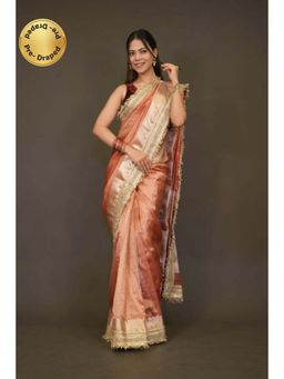 Isadora Life - Womens Woven Embroidered Copper Pre-Draped Saree With Unstitched Blouse
