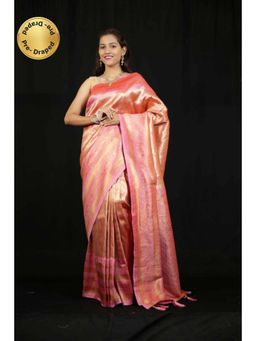 Isadora Life - Womens Woven Zari Pink Pre-Draped Saree With Unstitched Blouse