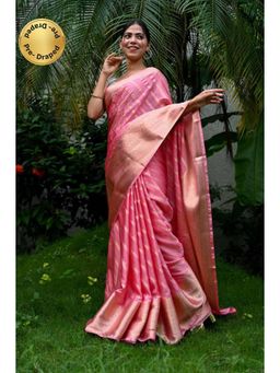 Isadora Life - Womens Woven Zari Pink Pre-Draped Saree With Unstitched Blouse