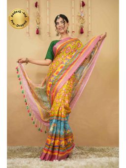Isadora Life - Womens Printed Tassels Multi-Color Pre-Draped Saree With Unstitched Blouse