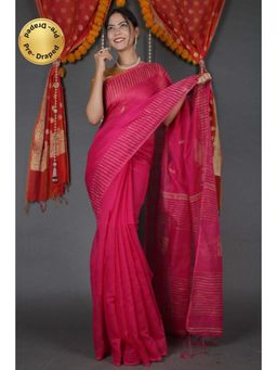 Isadora Life - Womens Printed Tassels Pink Pre-Draped Saree With Unstitched Blouse