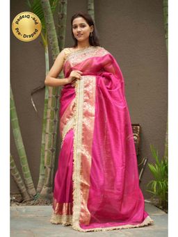 Isadora Life - Womens Woven Embroidered Pink Pre-Draped Saree With Unstitched Blouse