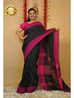 Isadora Life - Womens Woven Tassels Black Pre-Draped Saree With Unstitched Blouse