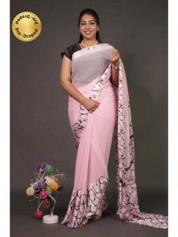 Isadora Life - Womens Printed Pink Pre-Draped Saree With Unstitched Blouse