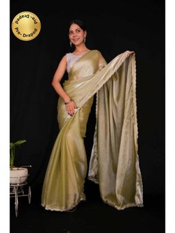 Isadora Life - Womens Embroidered Sequined Green Pre-Draped Saree With Unstitched Blouse