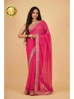 Isadora Life - Womens Bandhani Printed Pink Pre-Draped Saree With Unstitched Blouse