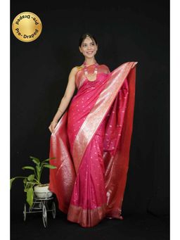 Isadora Life - Womens Woven Zari Pink Pre-Draped Saree With Unstitched Blouse