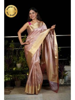 Isadora Life - Womens Woven Zari Pink Pre-Draped Saree With Unstitched Blouse