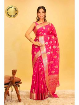 Isadora Life - Womens Woven Zari Pink Pre-Draped Saree With Unstitched Blouse