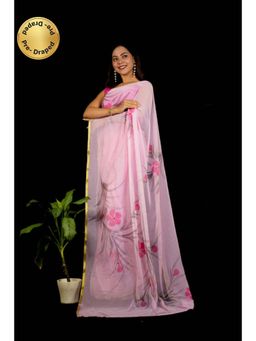 Isadora Life - Womens Floral Printed Pink Pre-Draped Saree With Unstitched Blouse