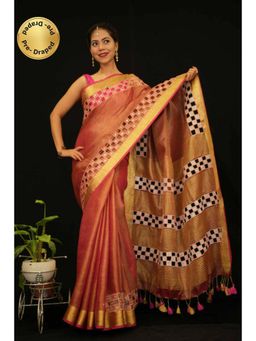 Isadora Life - Womens Embroidered Mirror Work Brown Pre-Draped Saree With Unstitched Blouse