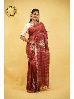 Isadora Life - Womens Embroidered Tassels Brown Pre-Draped Saree With Unstitched Blouse