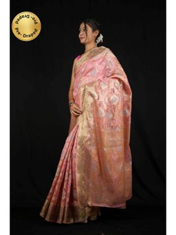 Isadora Life - Womens Woven Zari Pink Pre-Draped Saree With Unstitched Blouse