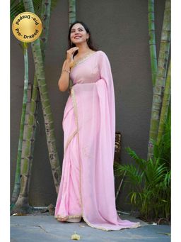 Isadora Life - Womens Sequined Lace Work Pink Pre-Draped Saree With Unstitched Blouse
