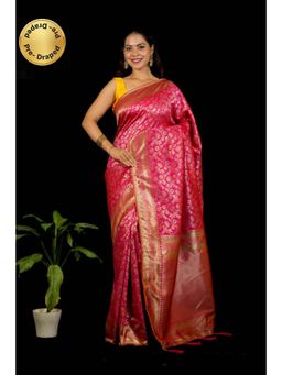Isadora Life - Womens Woven Zari Pink Pre-Draped Saree With Unstitched Blouse