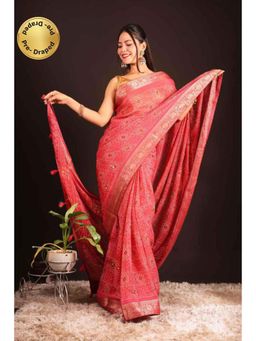 Isadora Life - Womens Floral Bandhani Pink Pre-Draped Saree With Unstitched Blouse