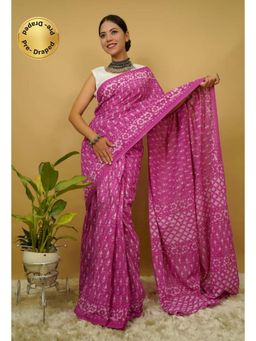 Isadora Life - Womens Printed Purple Pre-Draped Saree With Unstitched Blouse