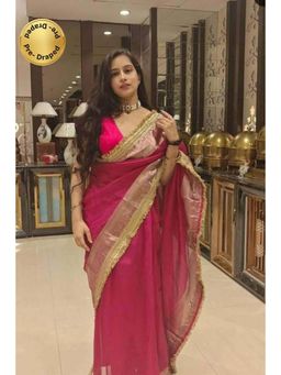 Isadora Life - Womens Woven Zari Pink Pre-Draped Saree With Unstitched Blouse