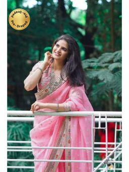Isadora Life - Womens Embroidered Sequined Pink Pre-Draped Saree With Unstitched Blouse