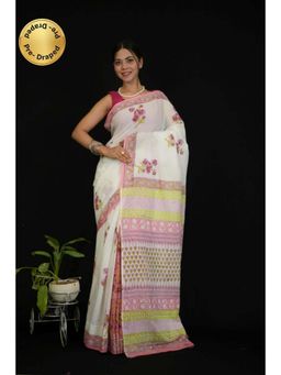 Isadora Life - Womens Floral Hand Block White Pre-Draped Saree With Unstitched Blouse