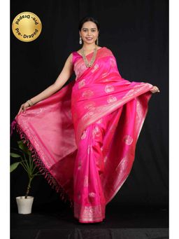 Isadora Life - Womens Paisley Zari Pink Pre-Draped Saree With Unstitched Blouse