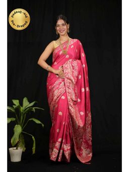 Isadora Life - Womens Woven Zari Pink Pre-Draped Saree With Unstitched Blouse