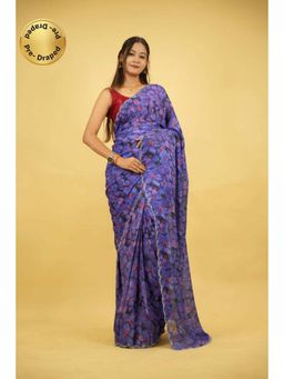Isadora Life - Womens Floral Printed Blue Pre-Draped Saree With Unstitched Blouse