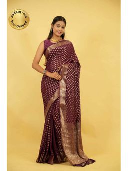 Isadora Life - Womens Woven Zari Purple Pre-Draped Saree With Unstitched Blouse