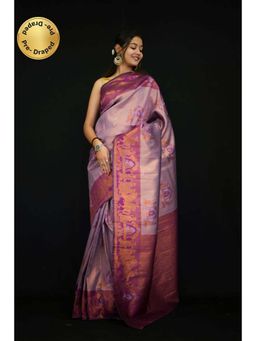 Isadora Life - Womens Floral Printed Purple Pre-Draped Saree With Unstitched Blouse