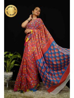 Isadora Life - Womens Block Print Red Pre-Draped Saree With Unstitched Blouse