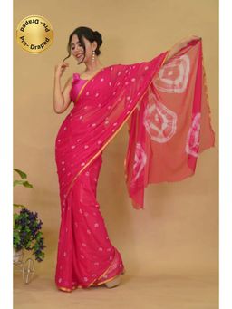 Isadora Life - Womens Bandhani Printed Pink Pre-Draped Saree With Unstitched Blouse