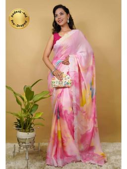 Isadora Life - Womens Tie & Dye Sequined Pink Pre-Draped Saree With Unstitched Blouse